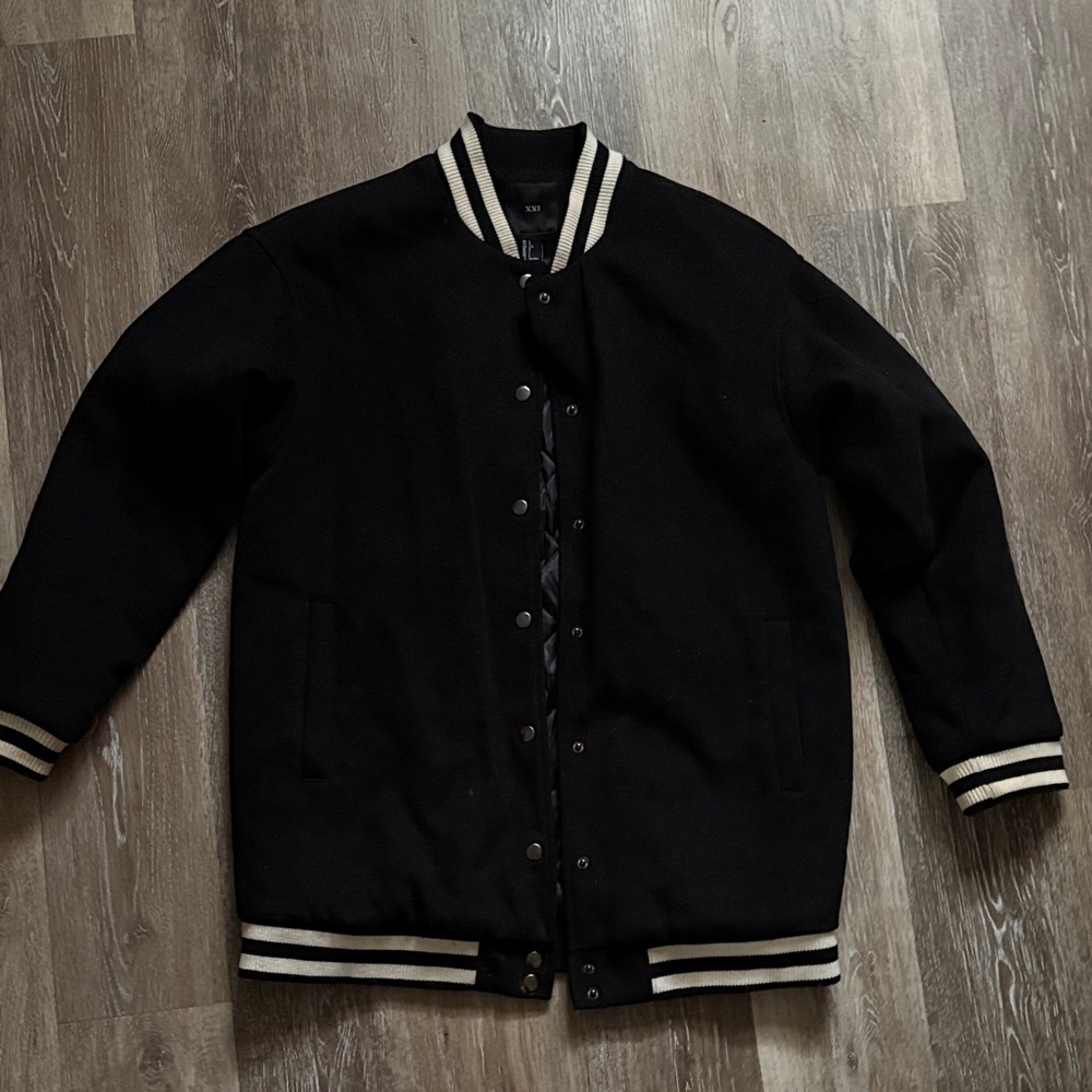 Forever 21 Black Varsity Jacket with White Stripes